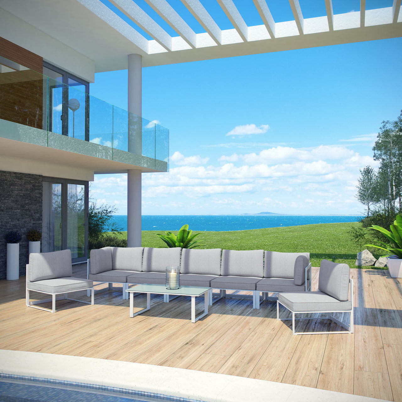 Fortuna 8 Piece Outdoor Patio Sectional Sofa Set, White & Gray