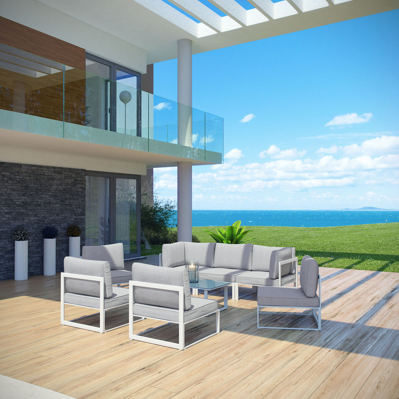 Fortuna 8 Piece Outdoor Patio Sectional Sofa Set, White & Gray