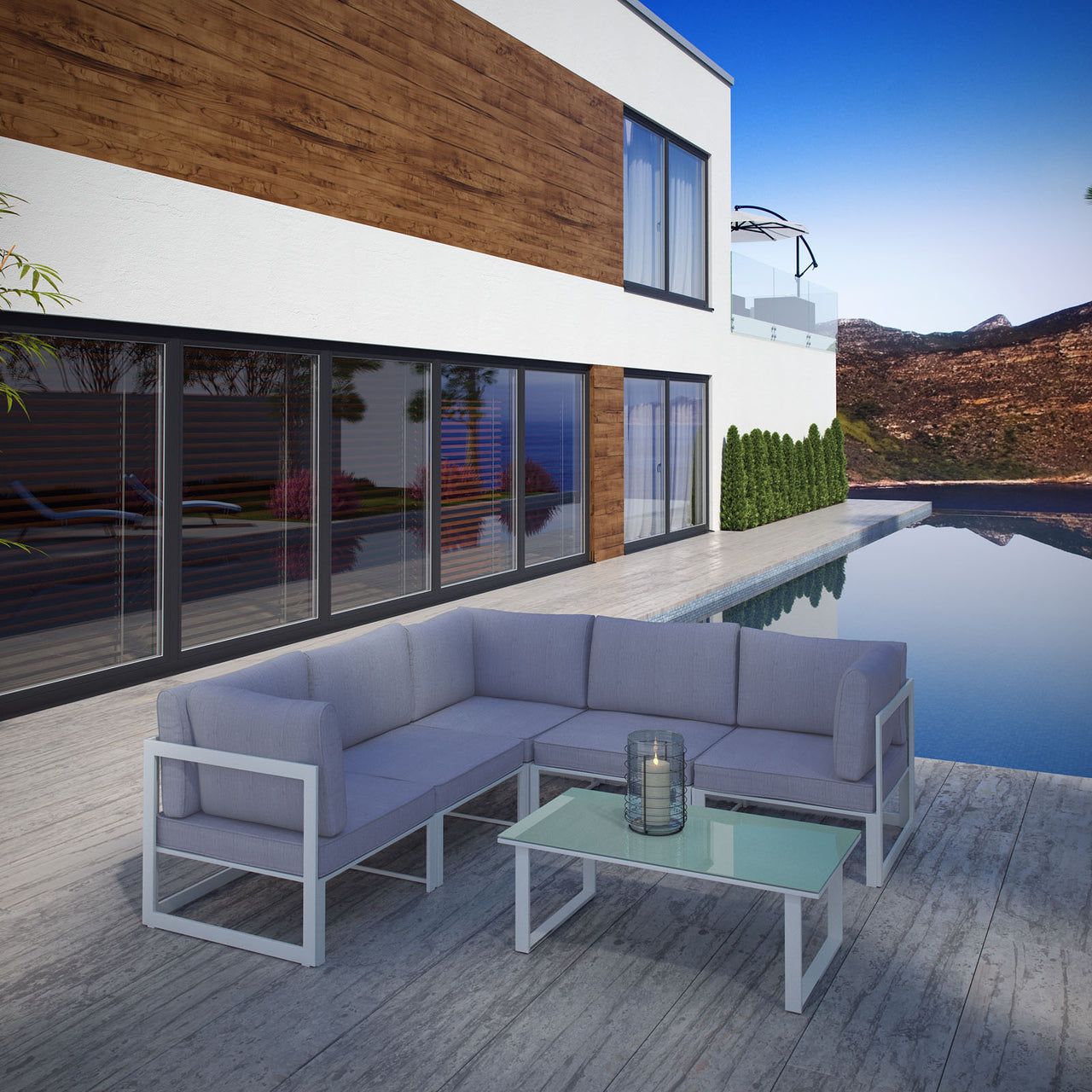 Fortuna 6 Piece Outdoor Patio Sectional Sofa Set, White & Gray