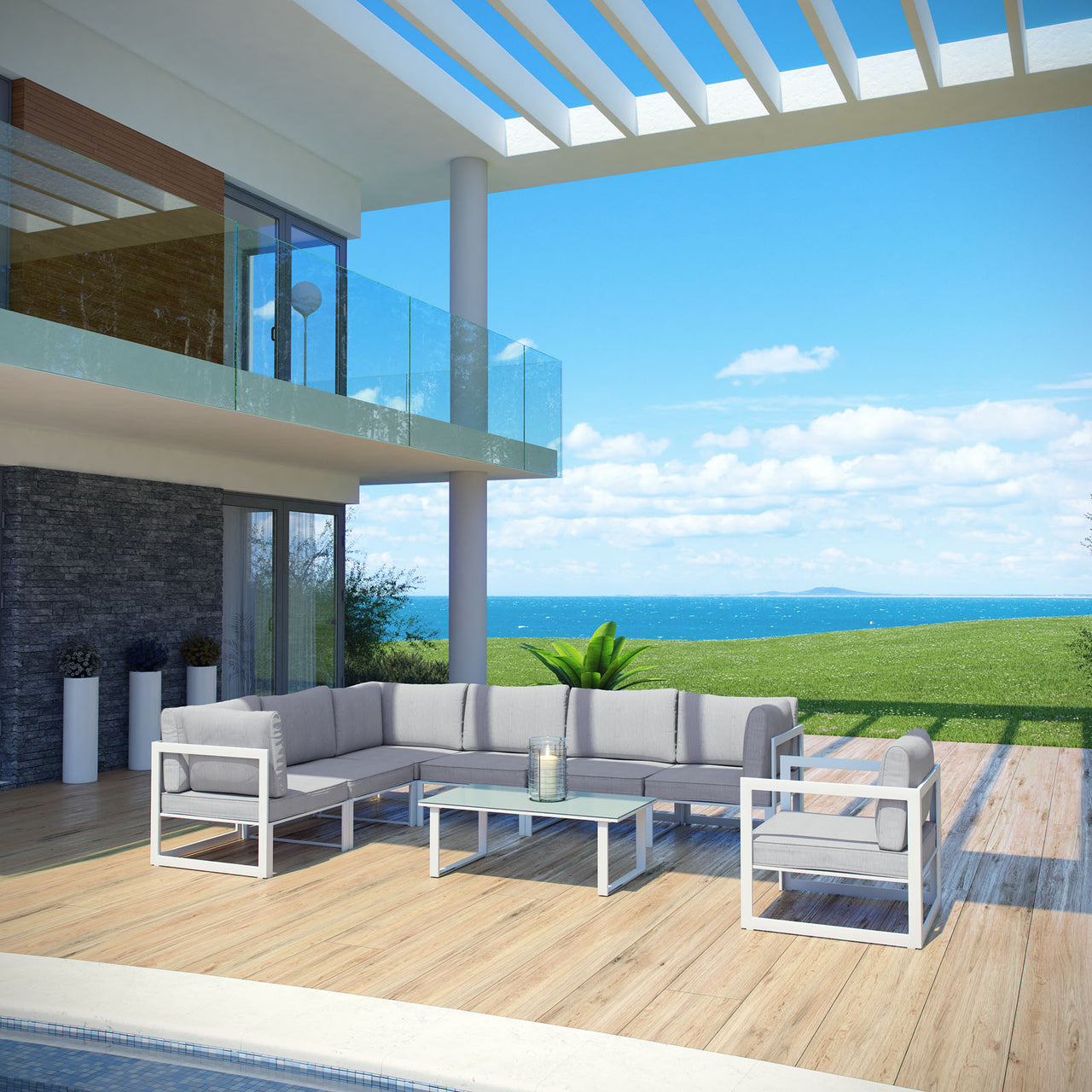 Treasure 8-Piece Alfresco Sectional Sofa Set, White & Gray