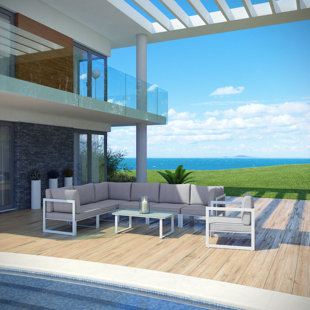 Treasure 8-Piece Alfresco Sectional Sofa Set, White & Gray