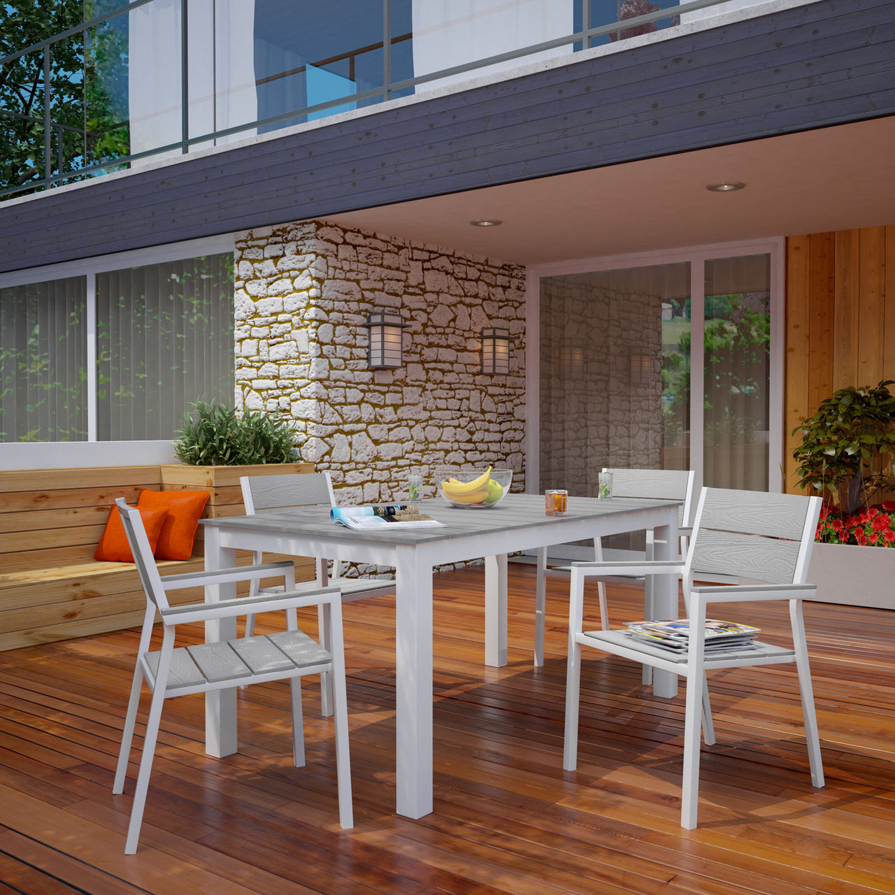 Maine 5 Piece Outdoor Patio Dining Set, White & Light Gray