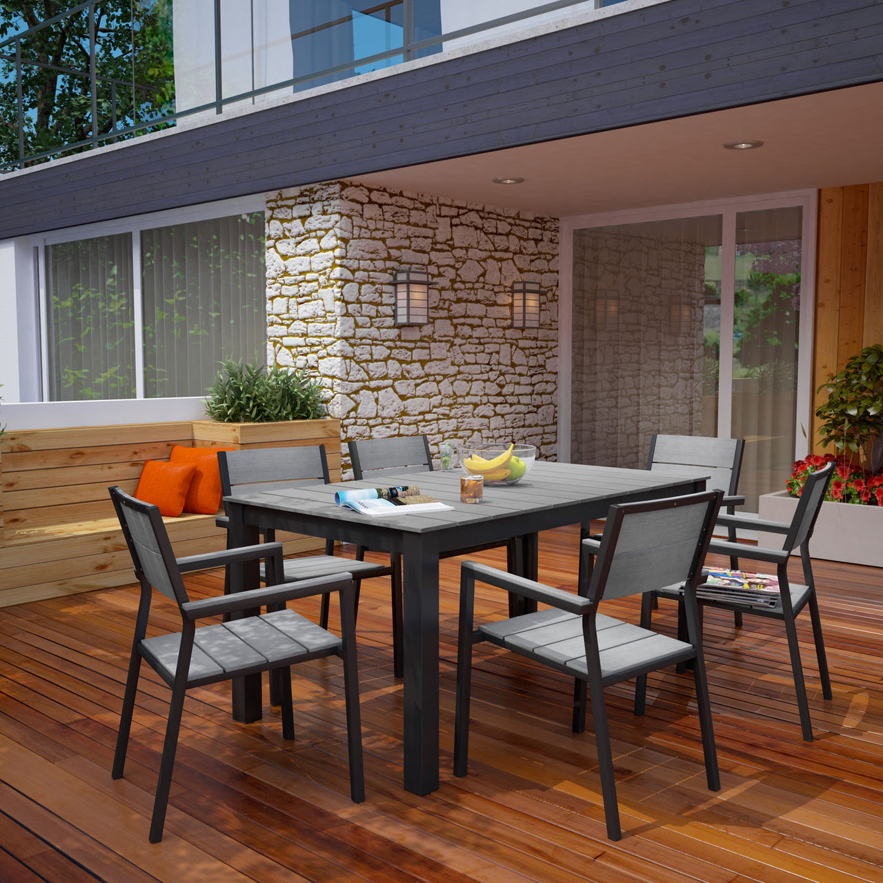 Maine 7 Piece Outdoor Patio Dining Set, Brown & Gray