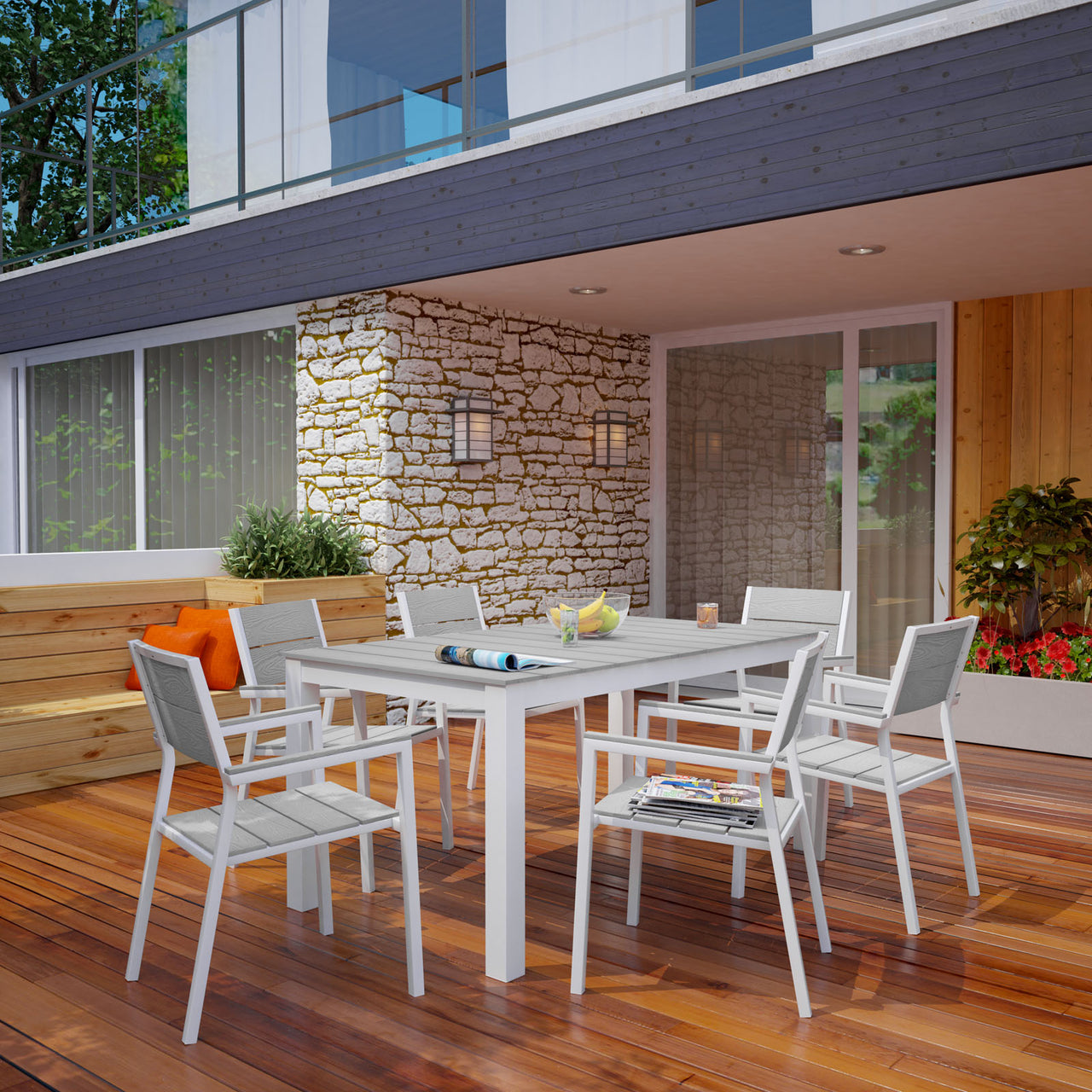 Maine 7 Piece Outdoor Patio Dining Set, White & Light Gray