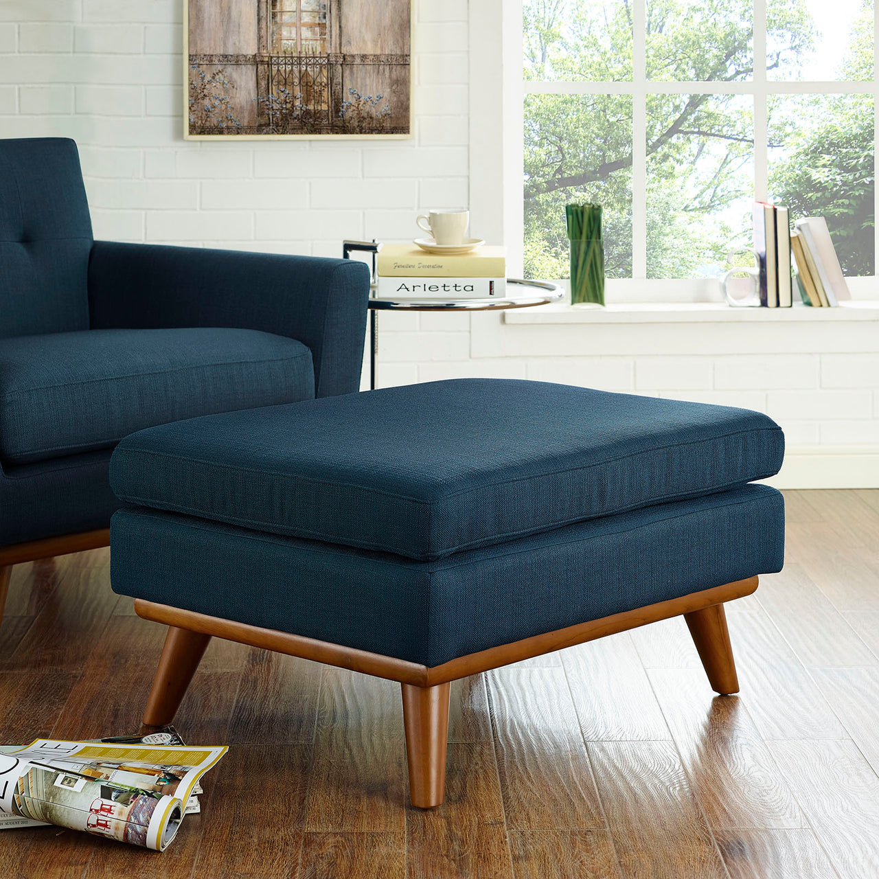 Rendezvous Textured Fabric Ottoman | Modular Sectional Component, Azure