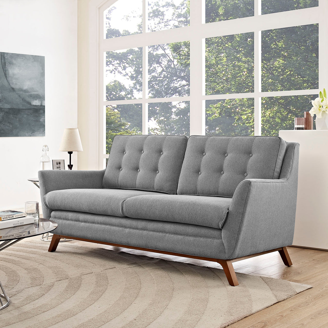 Beguile Upholstered Fabric Loveseat, Light Gray