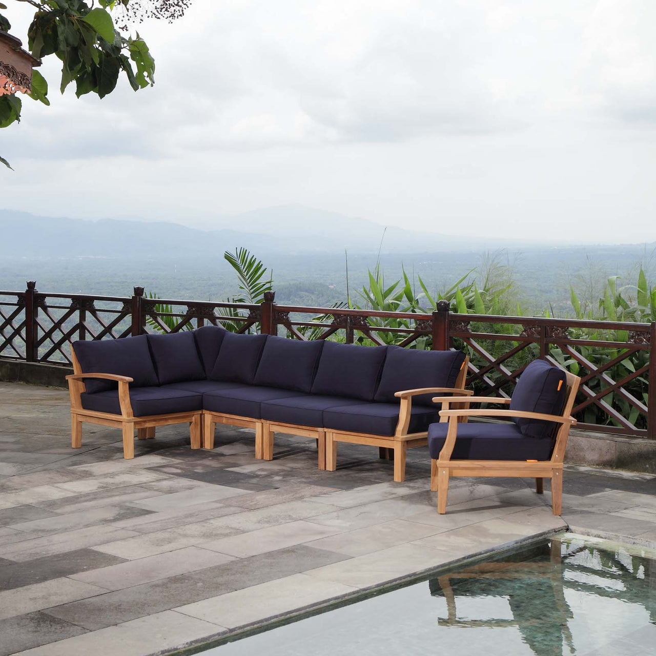 Shorehaven 6-Piece Alfresco Lounging Set, Natural Wood & Navy