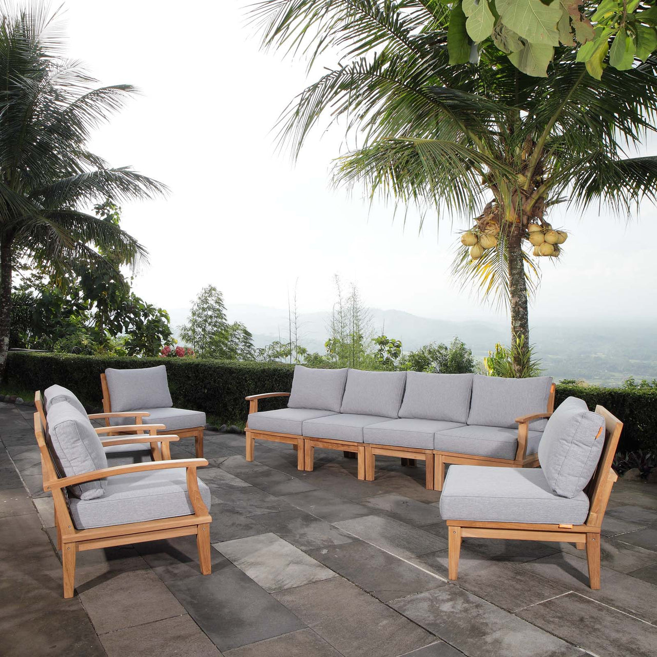Marina 8 Piece Outdoor Patio Teak Set, Natural Wood & Gray