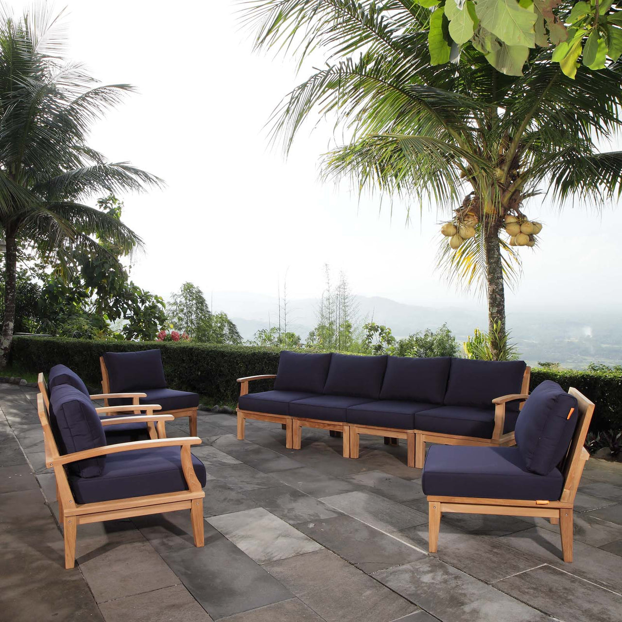 Marina 8 Piece Outdoor Patio Teak Set, Natural Wood & Navy