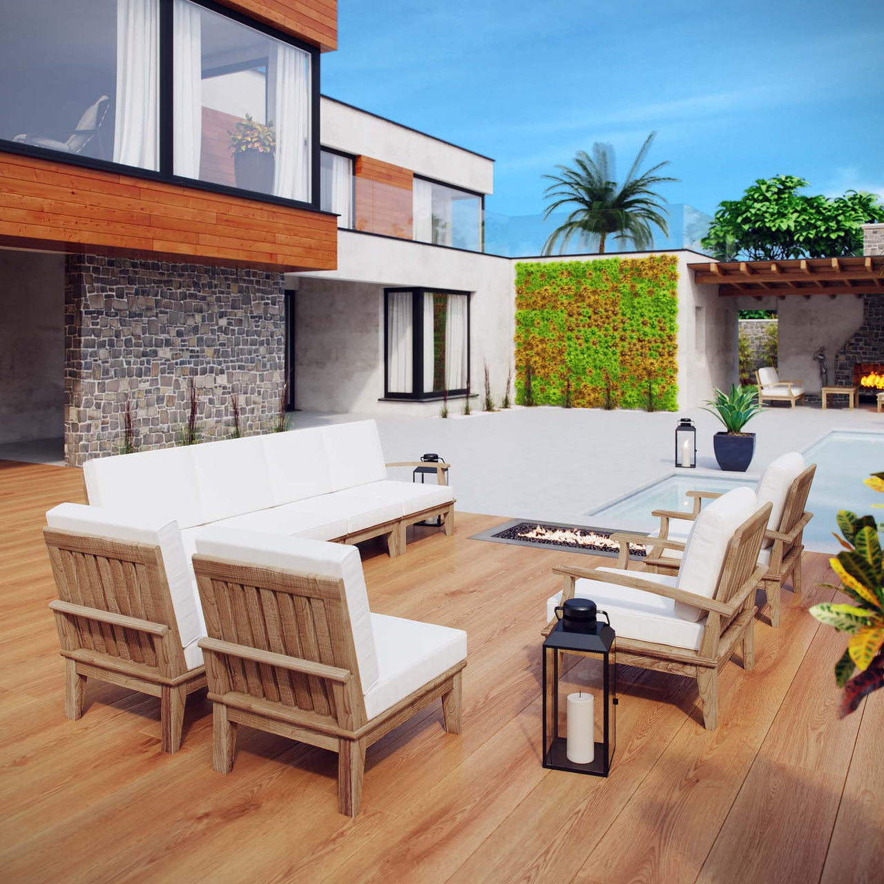Marina 8 Piece Outdoor Patio Teak Set, Natural Wood & White