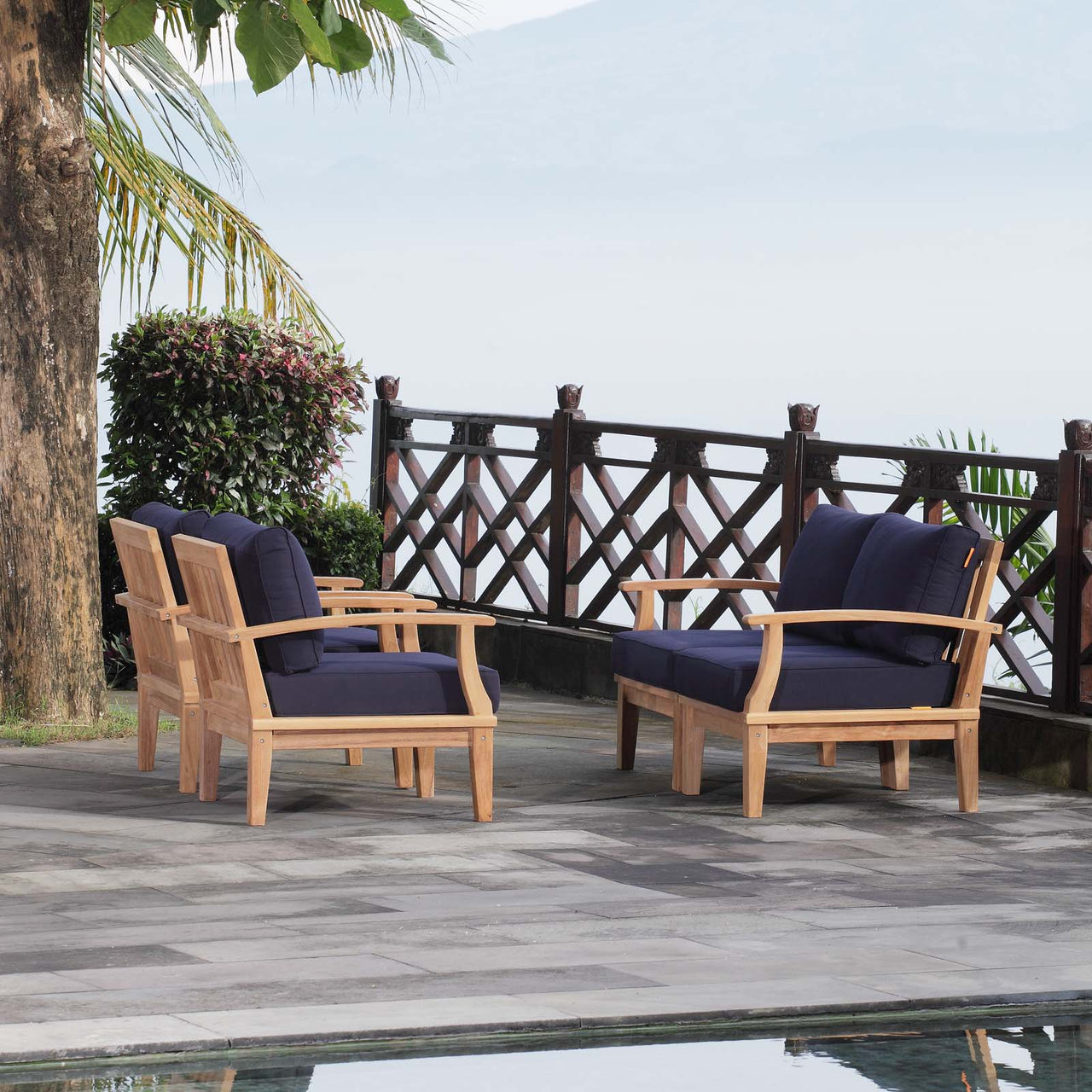 Shorehaven 4-Piece Alfresco Lounging Set, Natural Wood & Navy