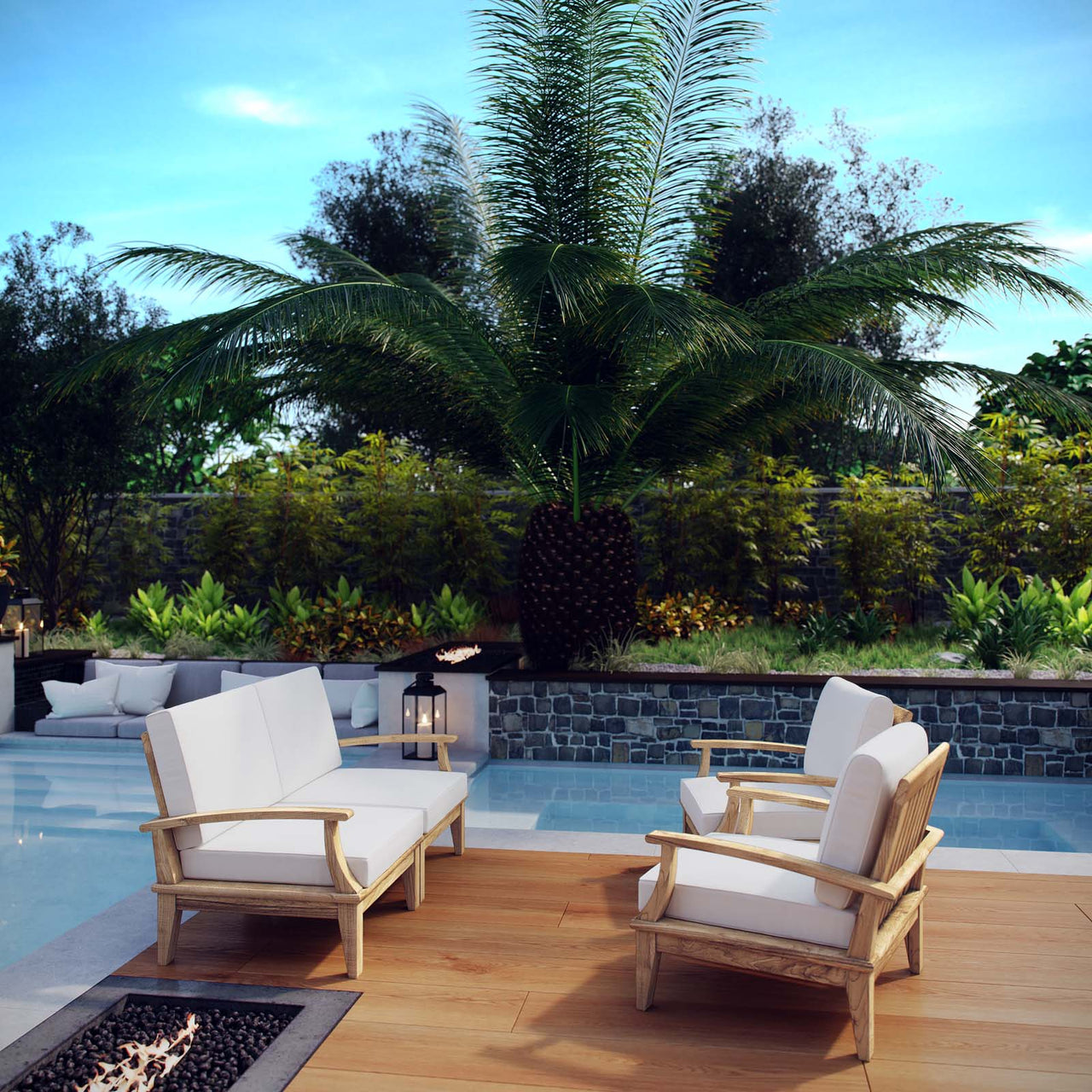 Marina 4 Piece Outdoor Patio Teak Set, Natural Wood & White