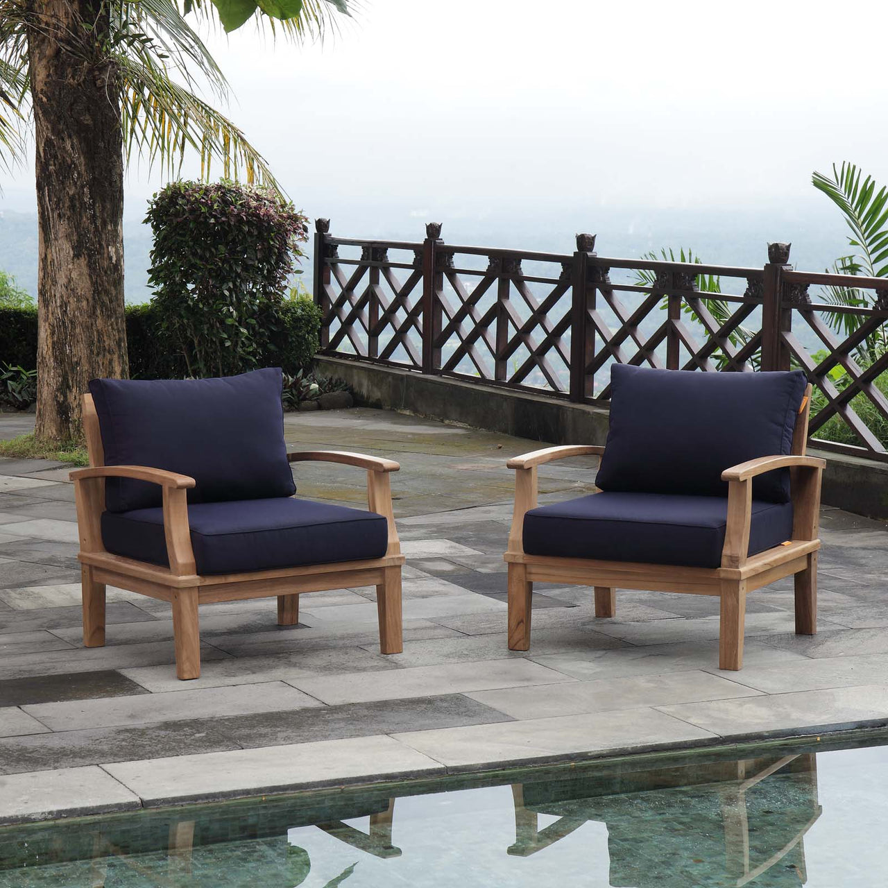 Marina 2 Piece Outdoor Patio Teak Set, Natural Wood & Navy