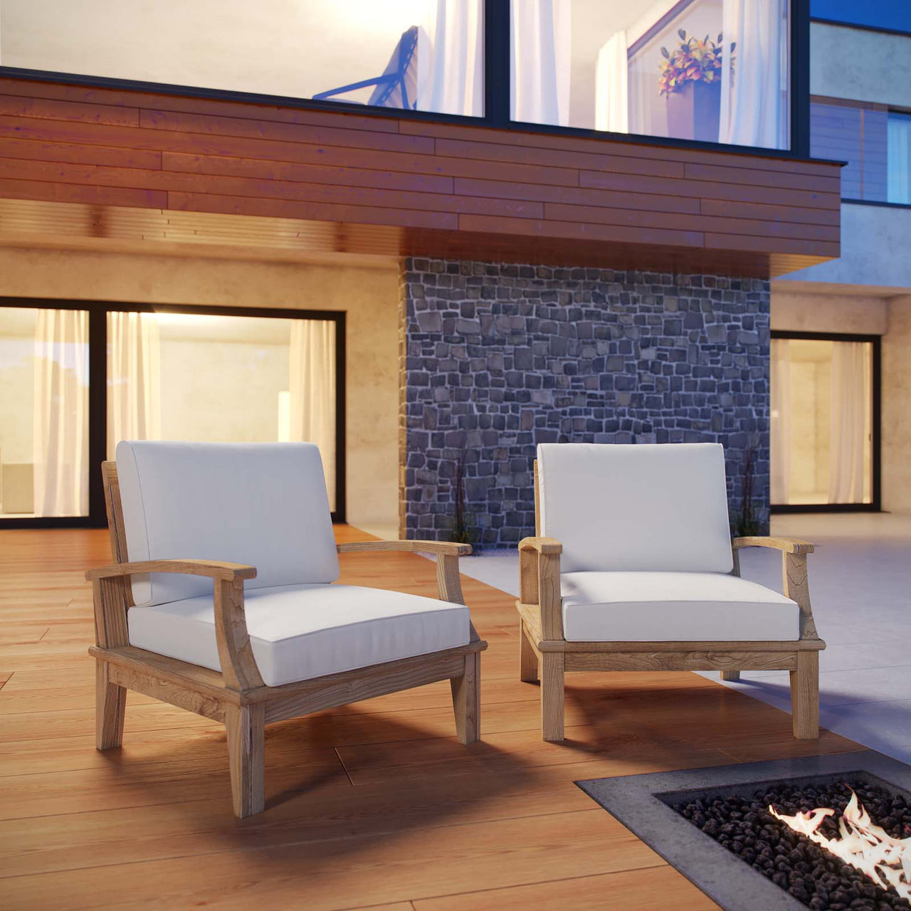 Marina 2 Piece Outdoor Patio Teak Set, Natural Wood & White