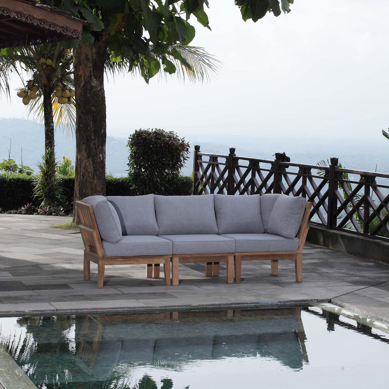 Marina 3 Piece Outdoor Patio Teak Set, Natural Wood & Gray