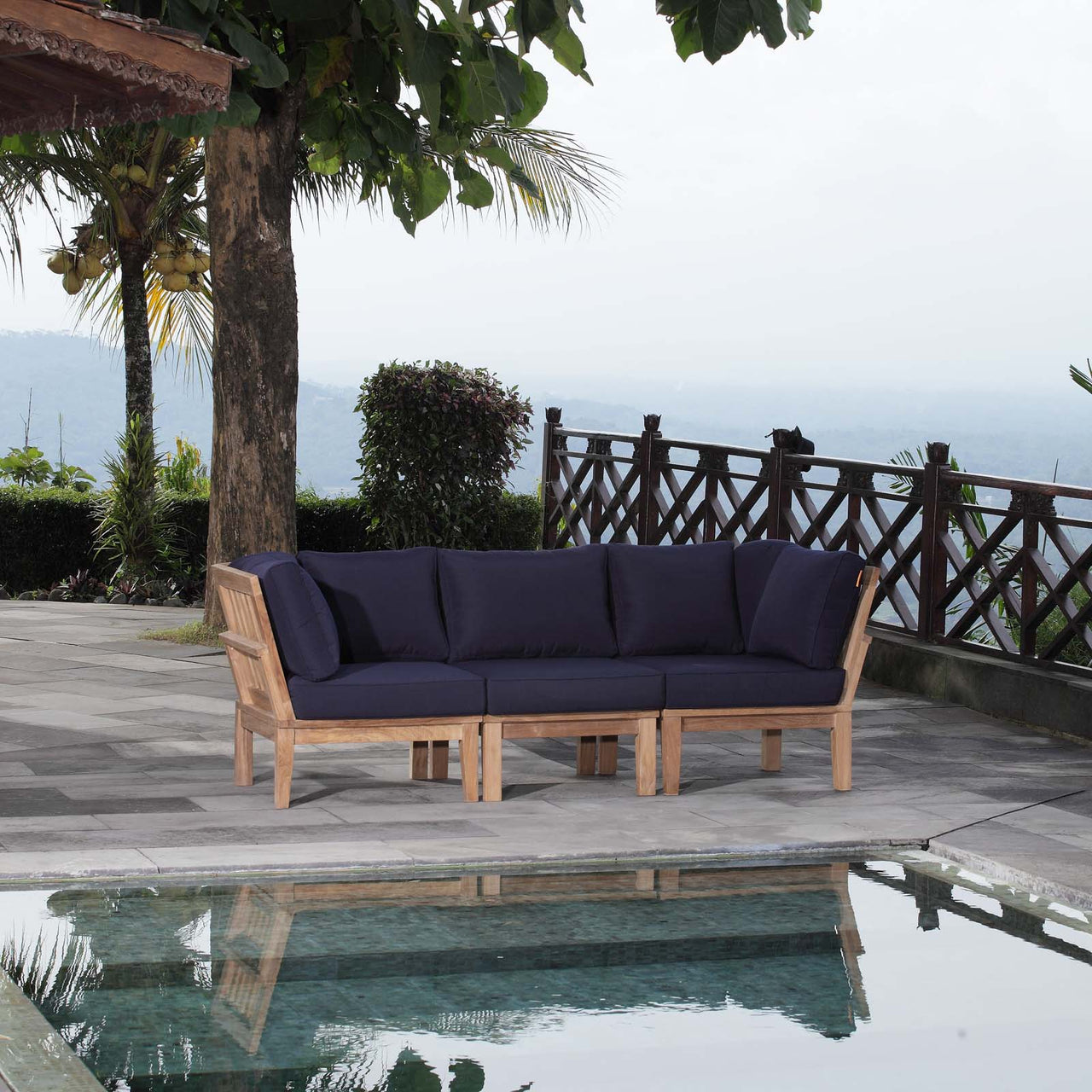 Marina 3 Piece Outdoor Patio Teak Set, Natural Wood & Navy