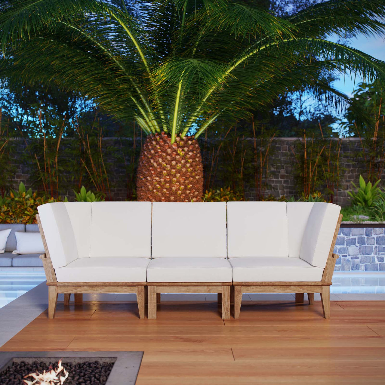 Marina 3 Piece Outdoor Patio Teak Set, Natural Wood & White
