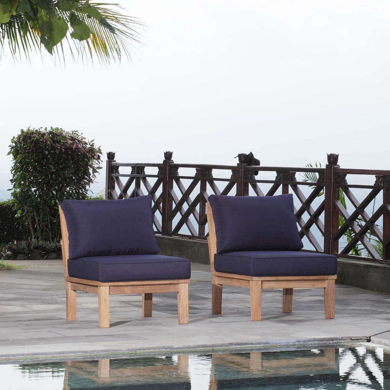 Marina 2 Piece Outdoor Patio Teak Set, Natural Wood & Navy
