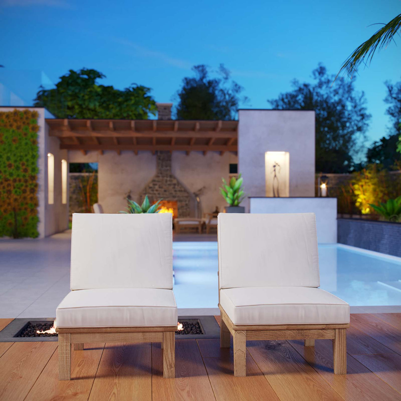 Marina 2 Piece Outdoor Patio Teak Set, Natural Wood & White