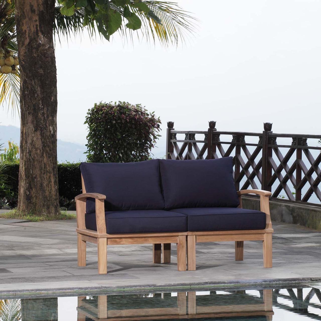 Marina 2 Piece Outdoor Patio Teak Set, Natural Wood & Navy