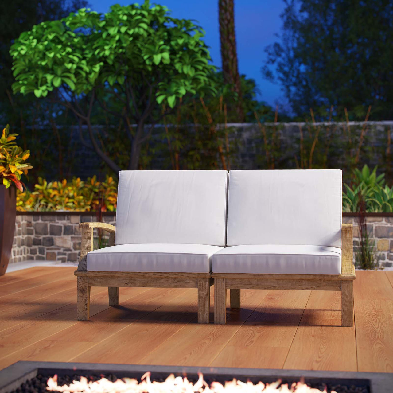 Marina 2 Piece Outdoor Patio Teak Set, Natural Wood & White