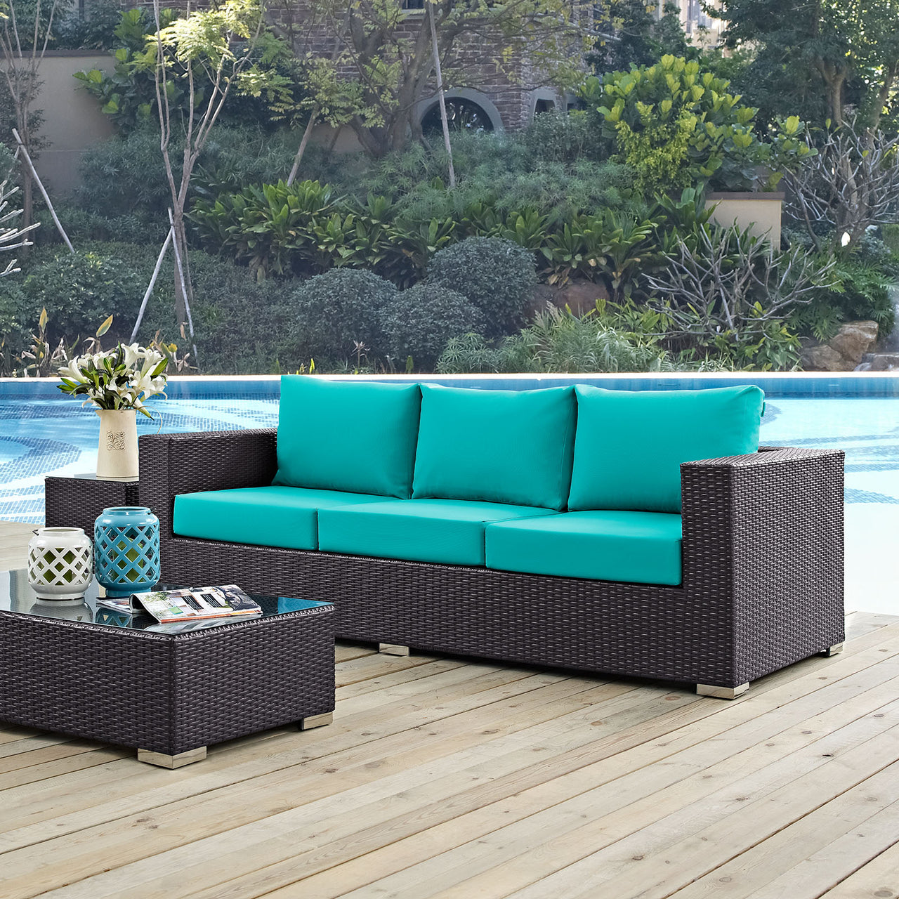Convene Outdoor Patio Sofa, Espresso & Turquoise