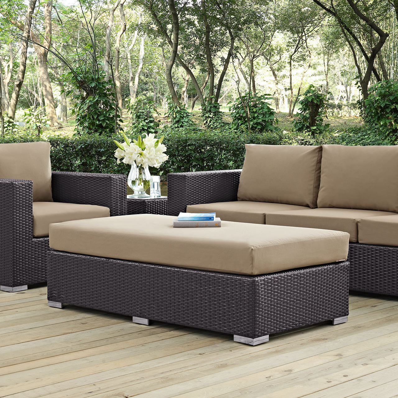 Convene Outdoor Patio Fabric Rectangle Ottoman, Espresso & Mocha