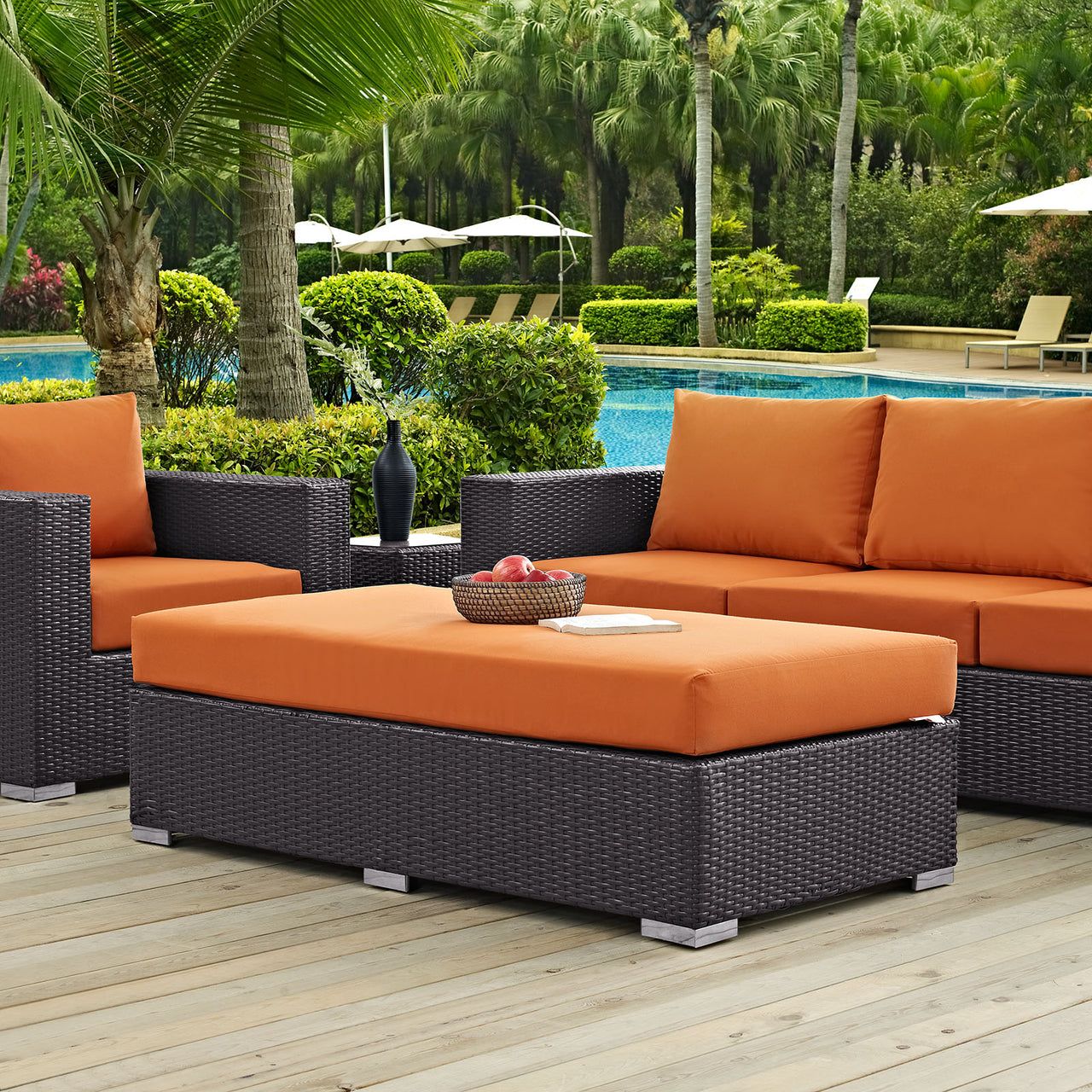 Convene Outdoor Patio Fabric Rectangle Ottoman, Espresso & Orange
