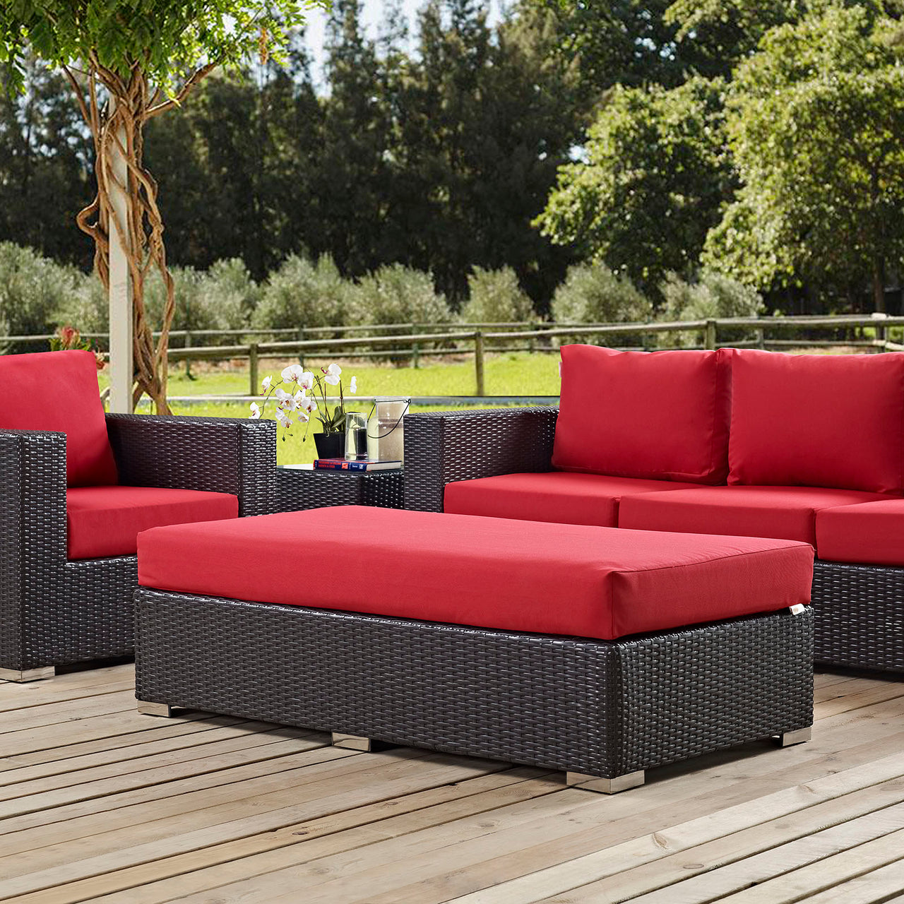 Convene Outdoor Patio Fabric Rectangle Ottoman, Espresso & Red