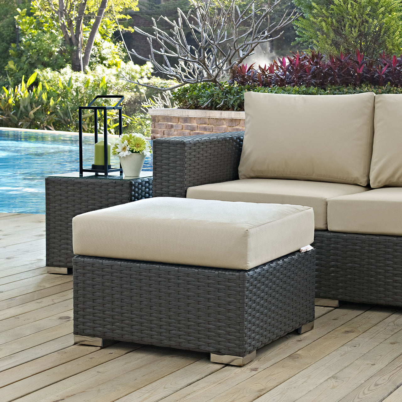 Sojourn Outdoor Patio Sunbrella® Ottoman | Outdoor Modular Sectional Component, Canvas Antique Beige