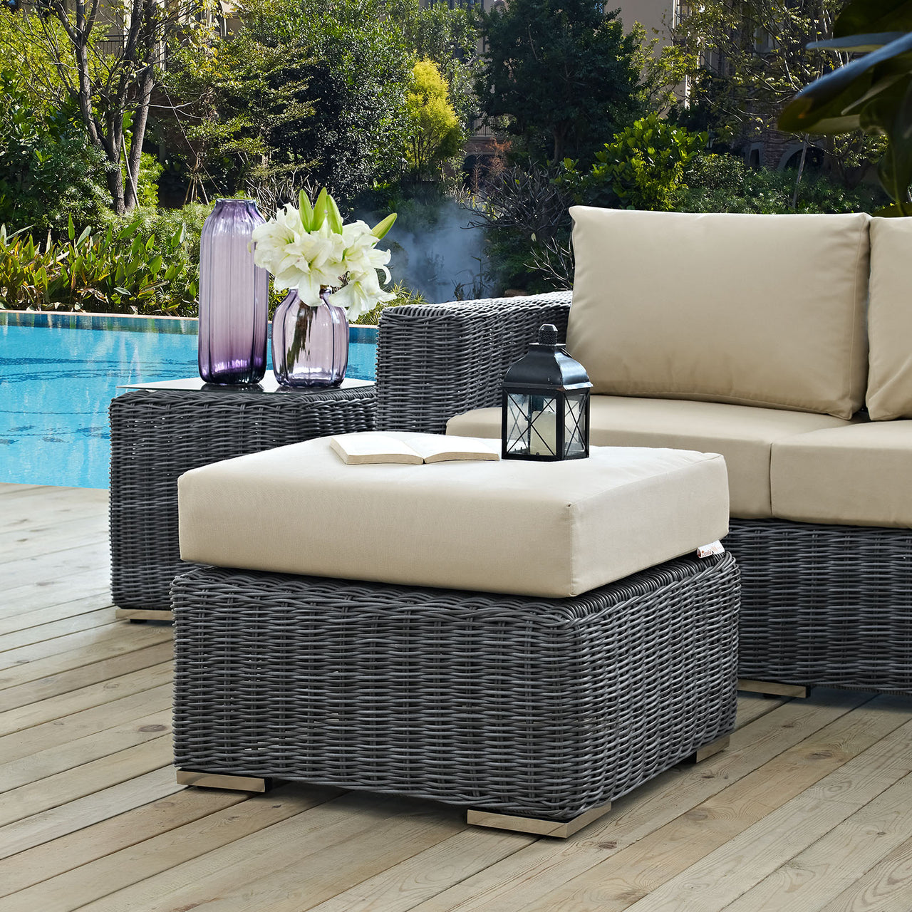 Invocation Alfresco Sunbrella® Ottoman | Outdoor Modular Sectional Component, Canvas Antique Beige
