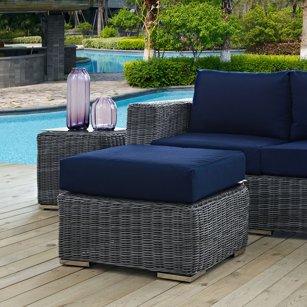Summon Outdoor Patio Sunbrella® Ottoman | Outdoor Modular Sectional Component, Canvas Navy
