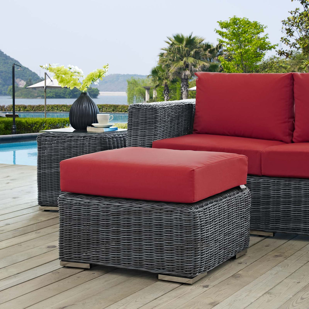 Invocation Alfresco Sunbrella® Ottoman | Outdoor Modular Sectional Component, Canvas Red
