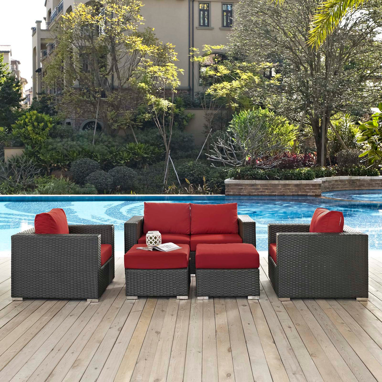 Sojourn 5 Piece Outdoor Patio Sunbrella® Sectional Set, Canvas Red