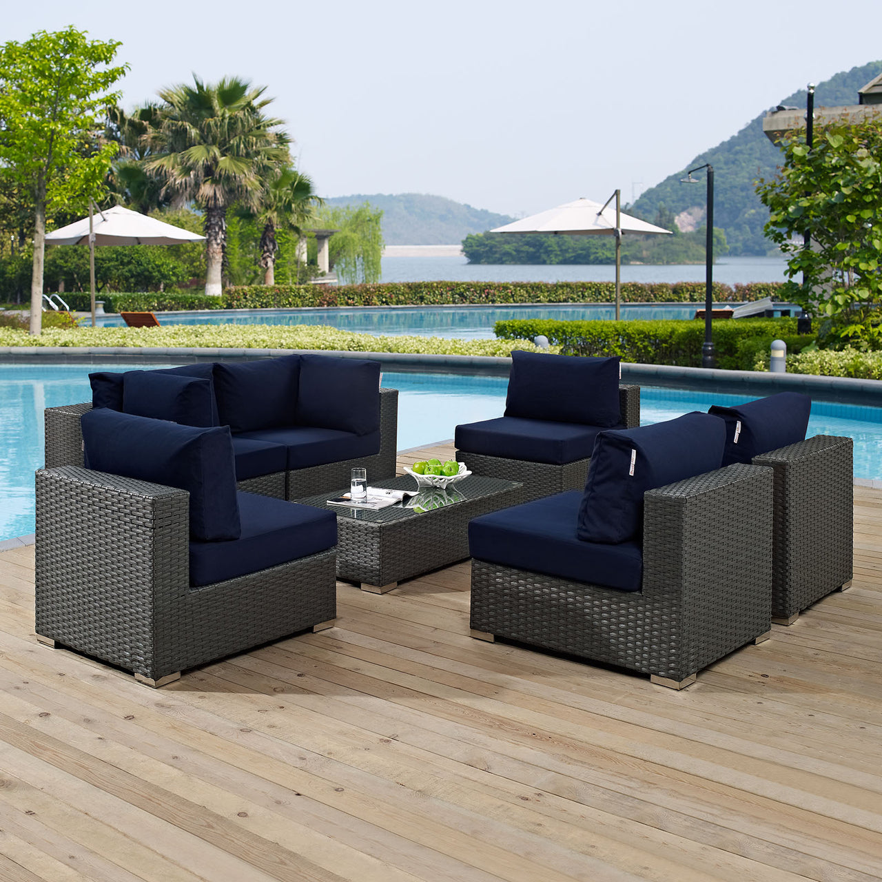 Sojourn 7 Piece Outdoor Patio Sunbrella® Sectional Set, Canvas Navy