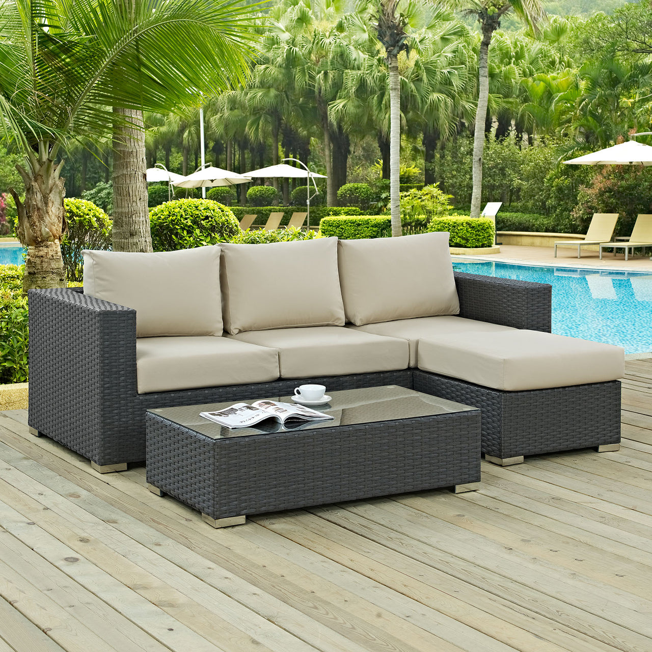 Sojourn 3 Piece Outdoor Patio Sunbrella® Sectional Set, Canvas Antique Beige