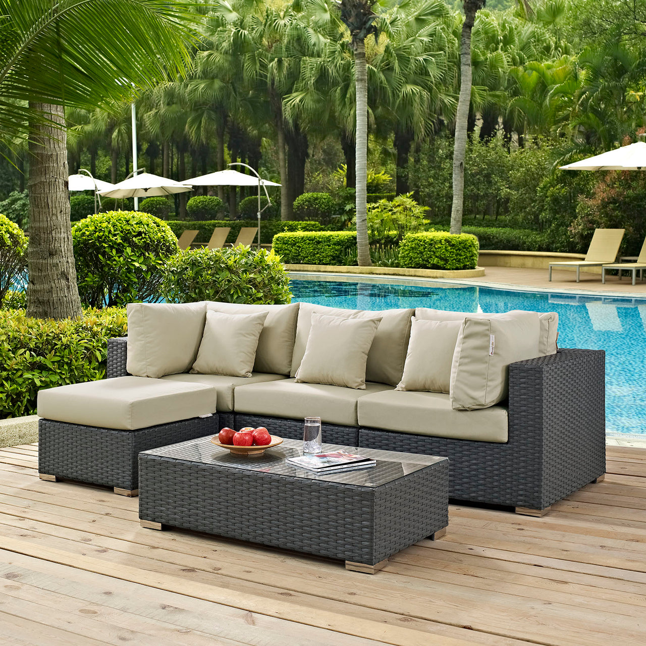 Sojourn 5 Piece Outdoor Patio Sunbrella® Sectional Set, Canvas Antique Beige