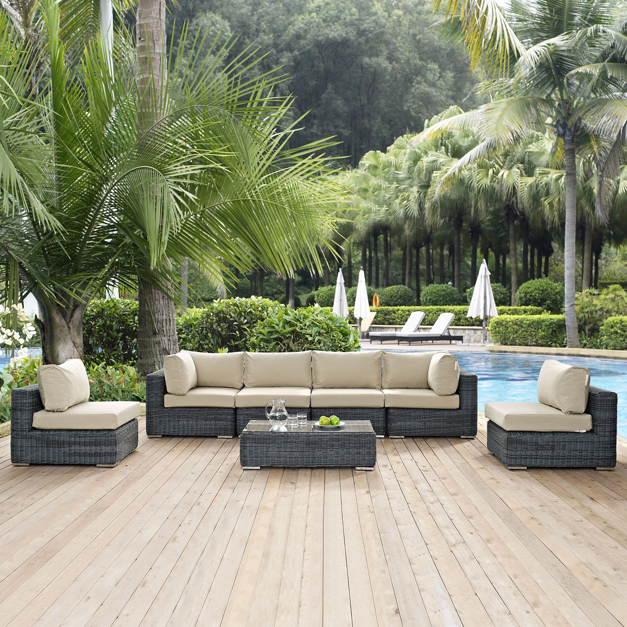 Summon 7 Piece Outdoor Patio Sunbrella® Sectional Set, Canvas Antique Beige