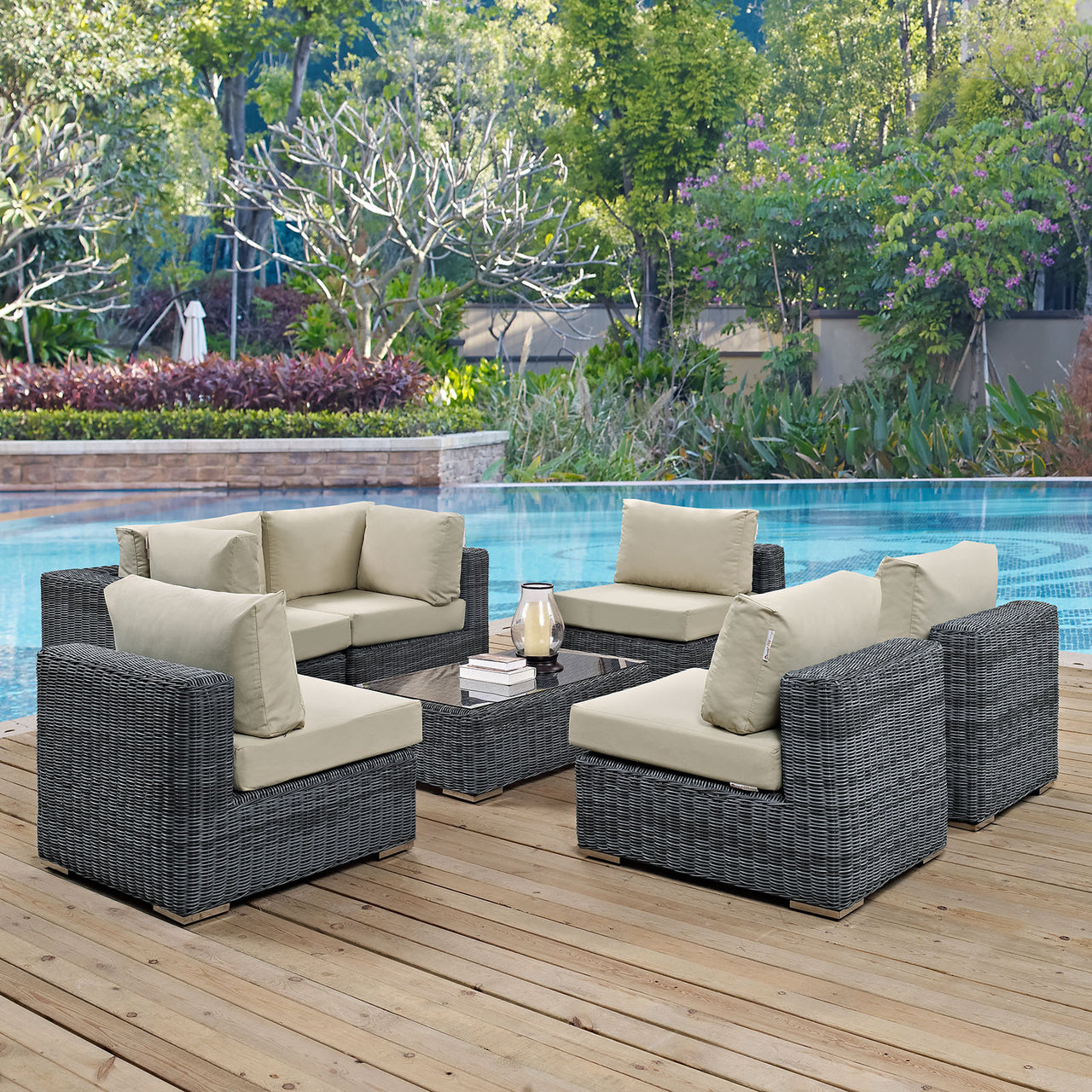 Summon 7 Piece Outdoor Patio Sunbrella® Sectional Set, Canvas Antique Beige