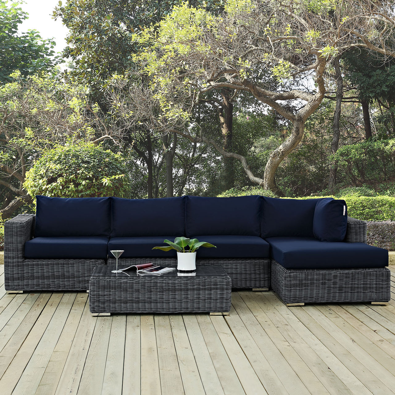 Summon 5 Piece Outdoor Patio Sunbrella® Sectional Set, Canvas Navy