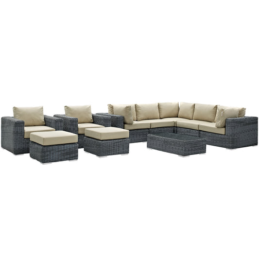 Summon 10 Piece Outdoor Patio Sunbrella® Sectional Set, Canvas Antique Beige