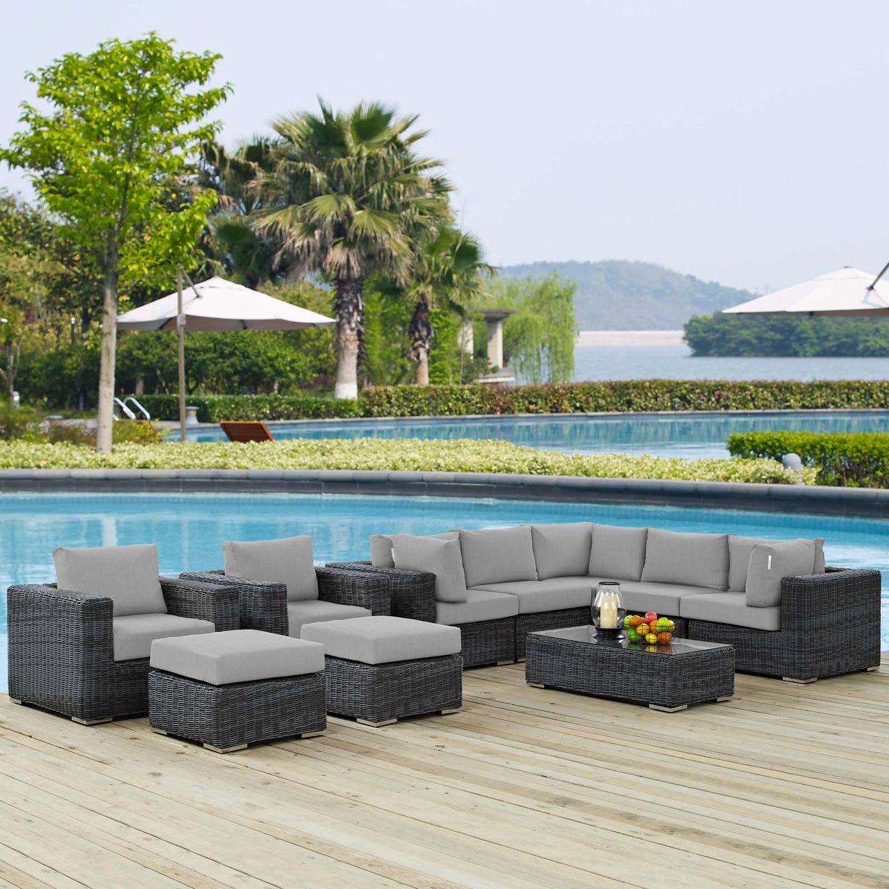 Invocation 10-Piece Alfresco Sunbrella® Sectional Set, Canvas Gray
