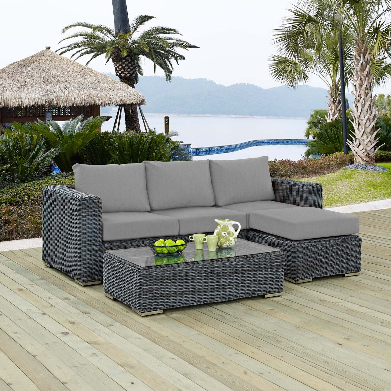 Summon 3 Piece Outdoor Patio Sunbrella® Sectional Set, Canvas Gray