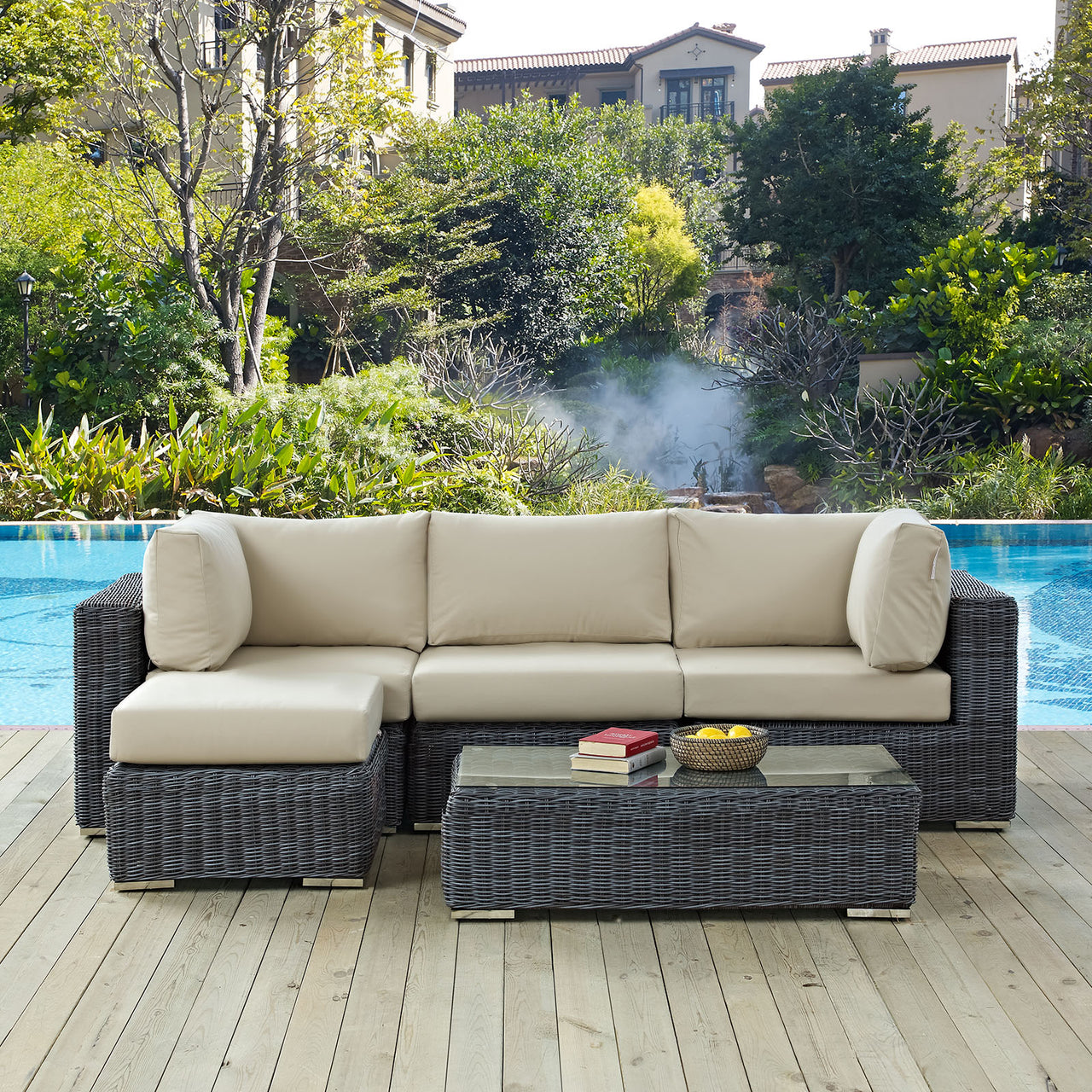 Summon 5 Piece Outdoor Patio Sunbrella® Sectional Set, Canvas Antique Beige