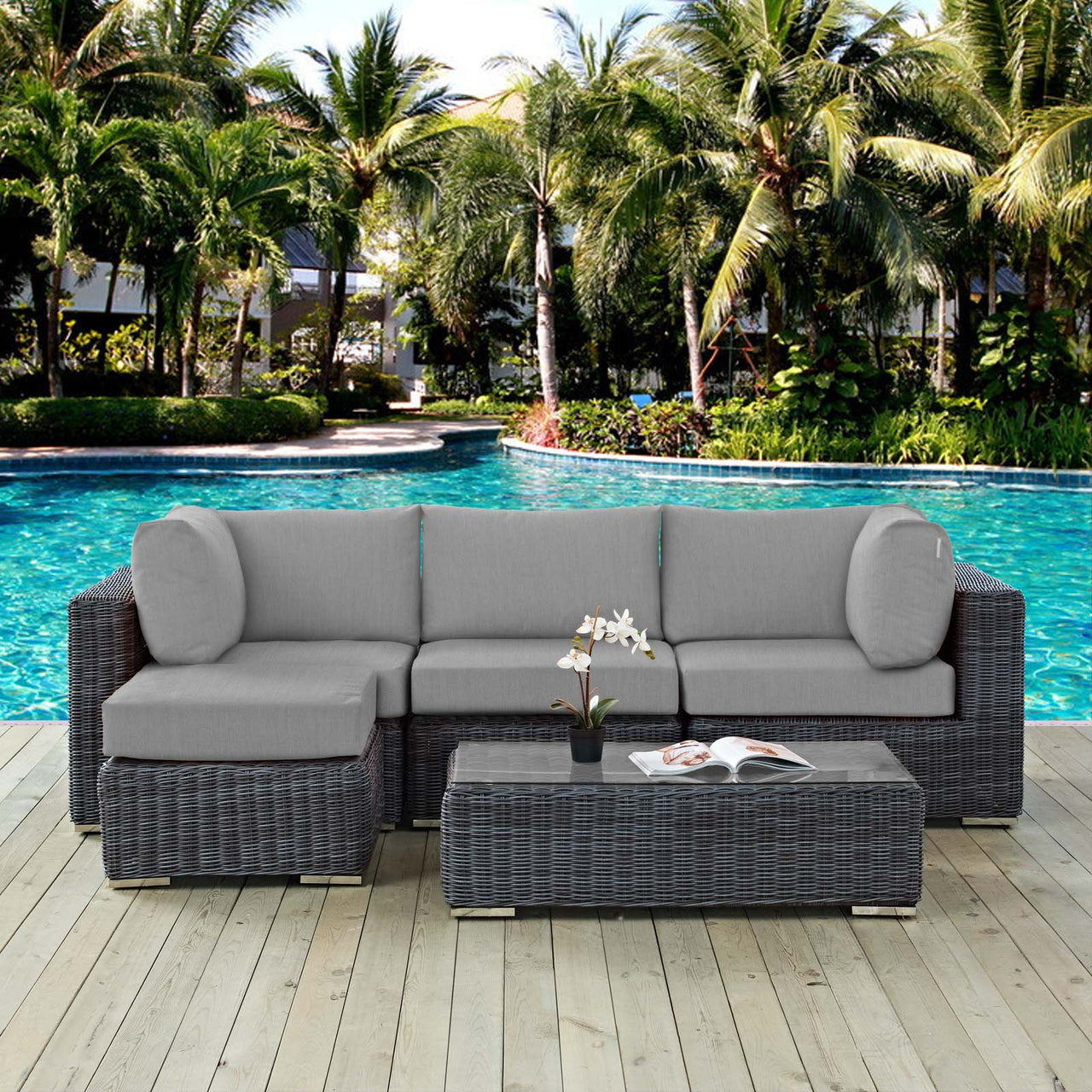Invocation 5-Piece Alfresco Sunbrella® Sectional Set, Canvas Gray