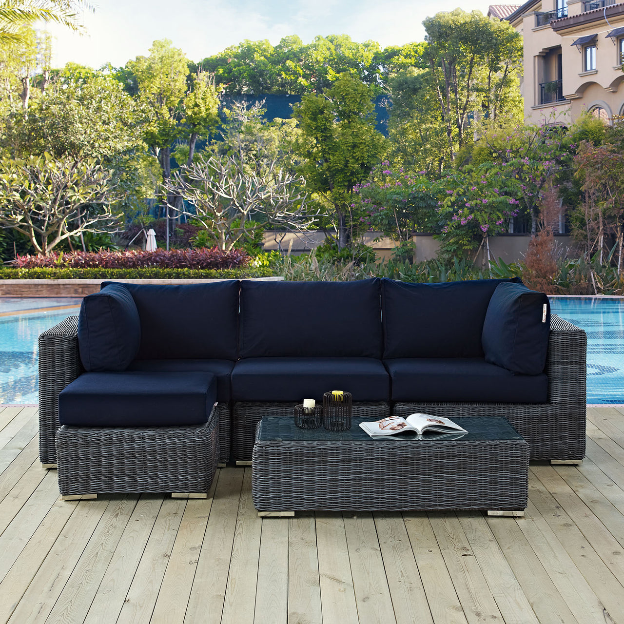 Summon 5 Piece Outdoor Patio Sunbrella® Sectional Set, Canvas Navy