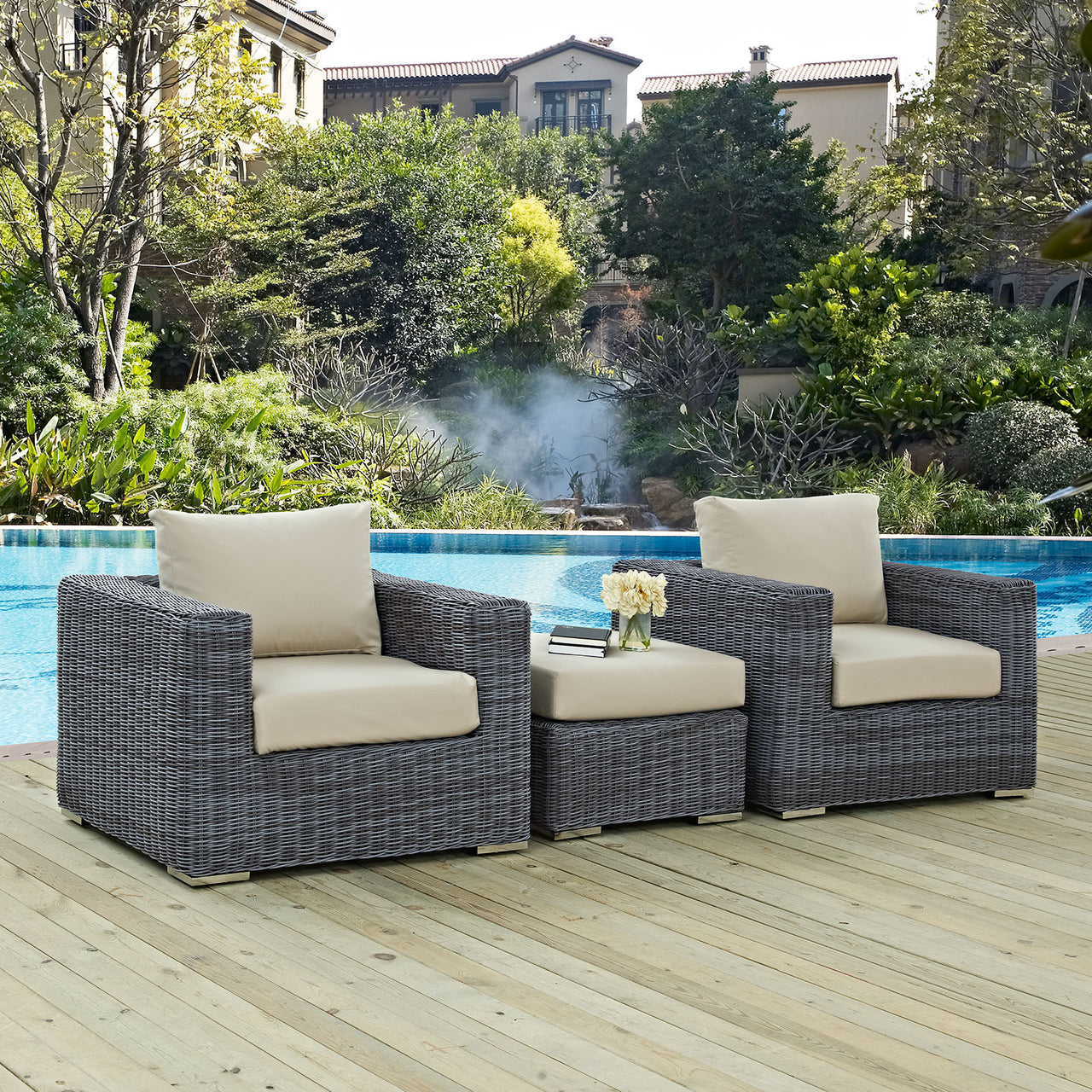Summon 3 Piece Outdoor Patio Sunbrella® Sectional Set, Canvas Antique Beige