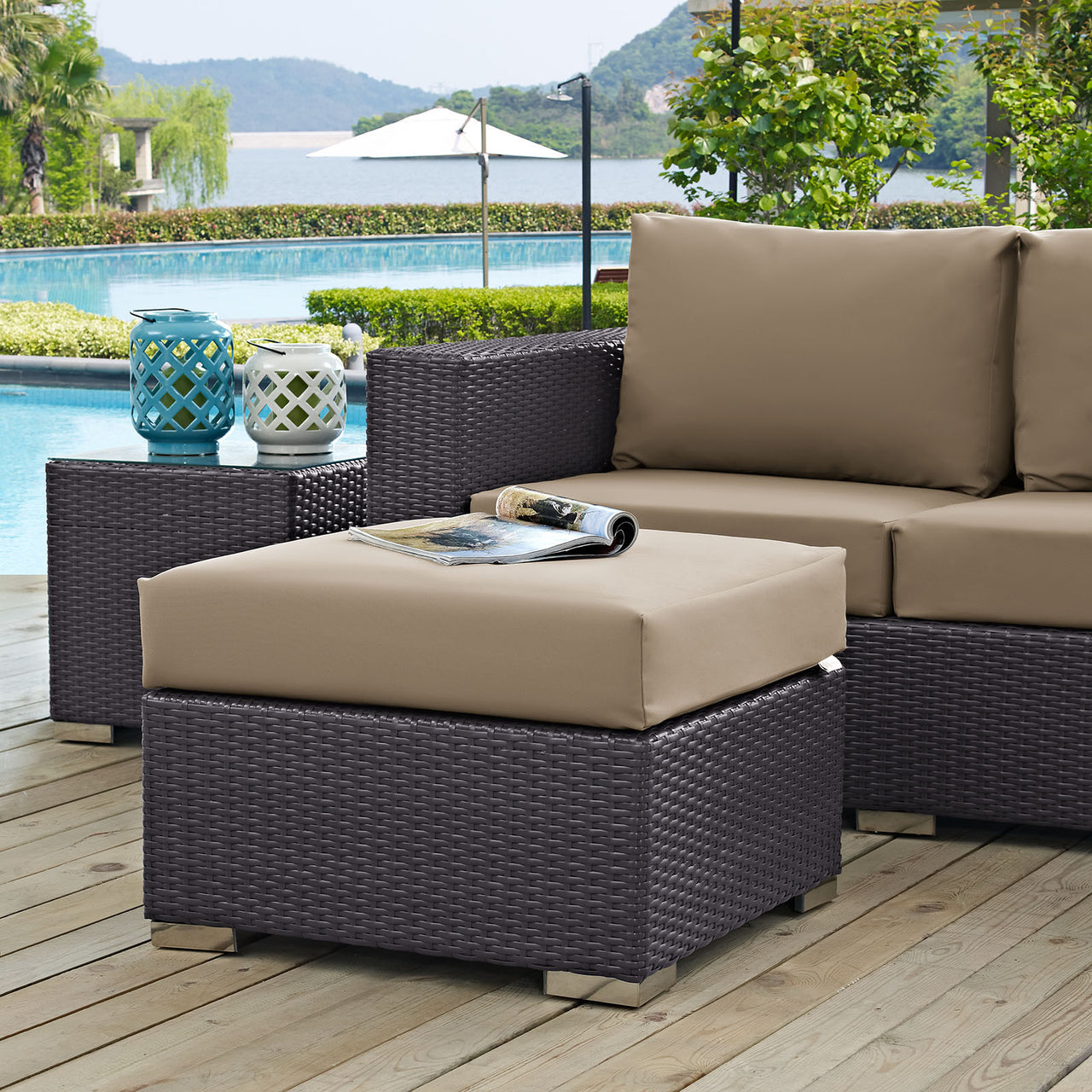 Conversation Alfresco Fabric Square Ottoman | Outdoor Modular Sectional Component, Espresso & Mocha