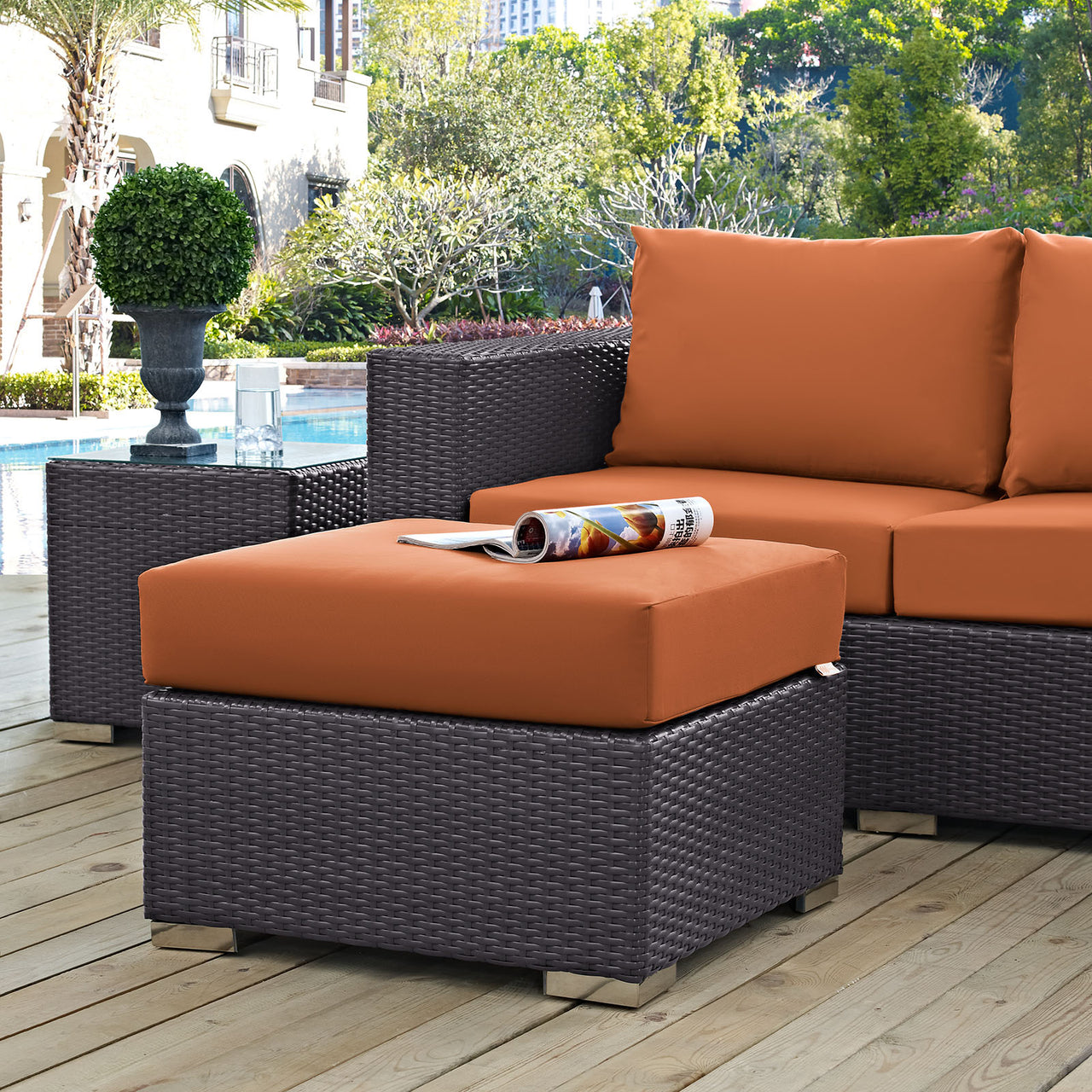Convene Outdoor Patio Fabric Square Ottoman | Outdoor Modular Sectional Component, Espresso & Orange