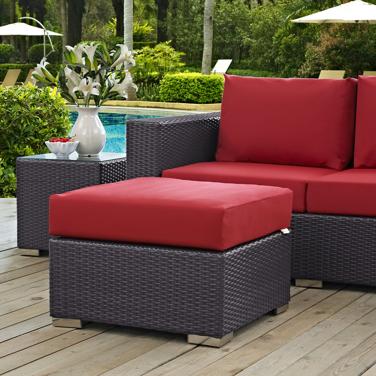 Convene Outdoor Patio Fabric Square Ottoman | Outdoor Modular Sectional Component, Espresso & Red